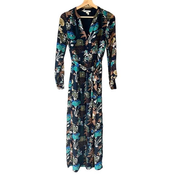 H&M CONSCIOUS Navy Blue & Green Boho Floral Button Down Chiffon Maxi Dress 2 - Picture 2 of 13